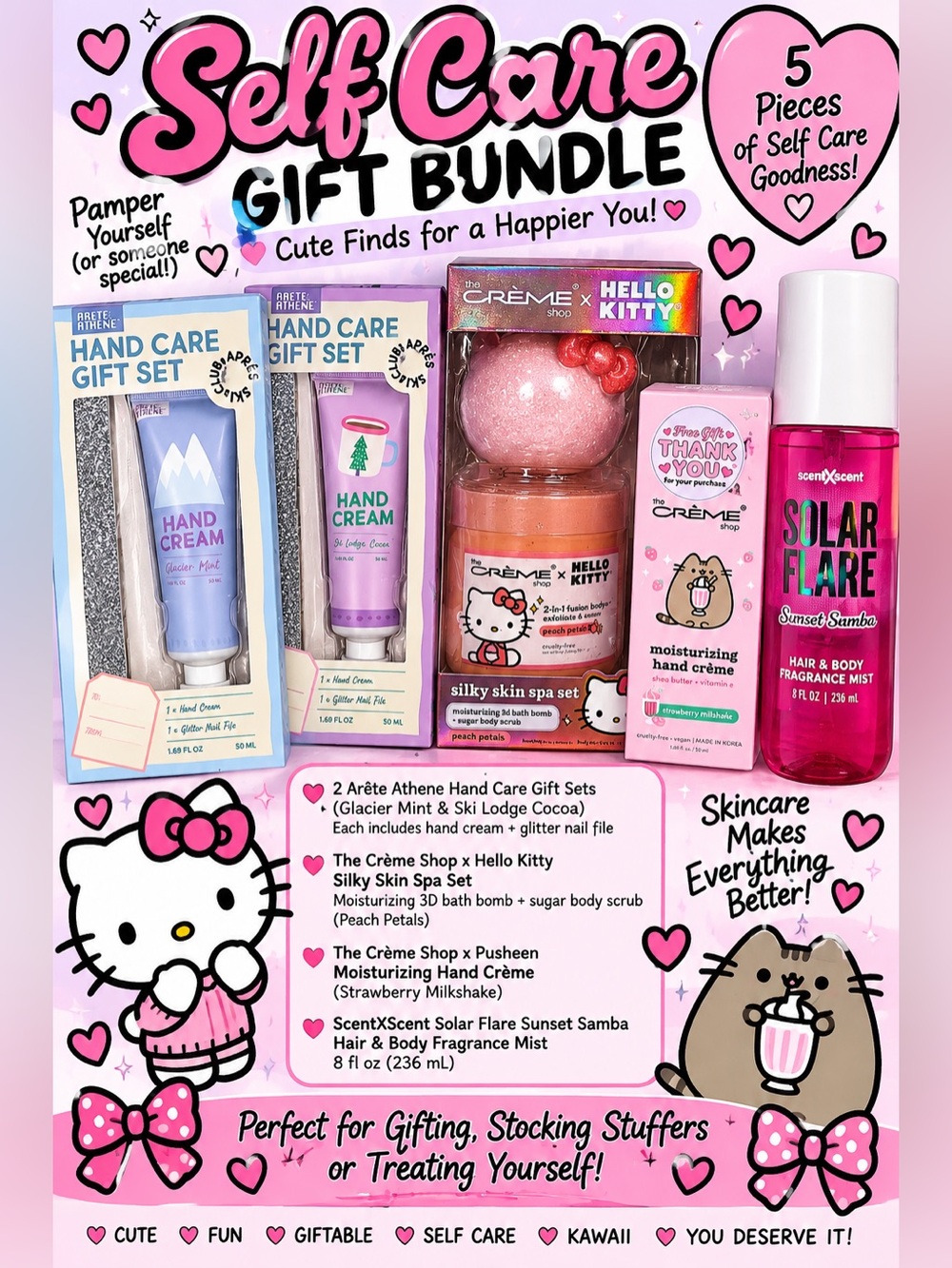 Self Care Gift Bundle Hello Kitty Pusheen Hand Cream Body Mist Spa Set 5 Pc